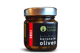 Grüne Koroneiki Oliven mit Chili