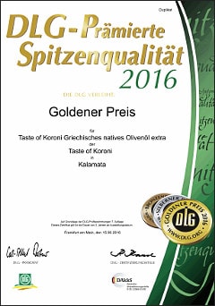 Auszeichnung, Prämierung - Griechisches Olivenöl kaltgepresst Goldener Preis DLG e.V. 2016