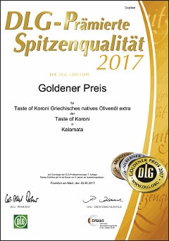 Auszeichnung, Prämierung - Griechisches Olivenöl kaltgepresst Goldener Preis DLG e.V. 2017