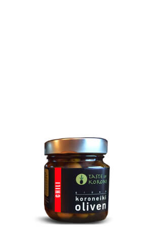 Koroneiki-Oliven mit Chili und Olivenöl