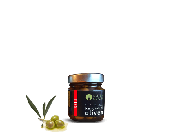 Koroneiki Oliven mariniert mit Chili in Olivenöl