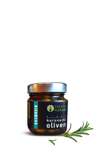 Koroneiki-Oliven mit Rosmarin und nativem Olivenöl extra