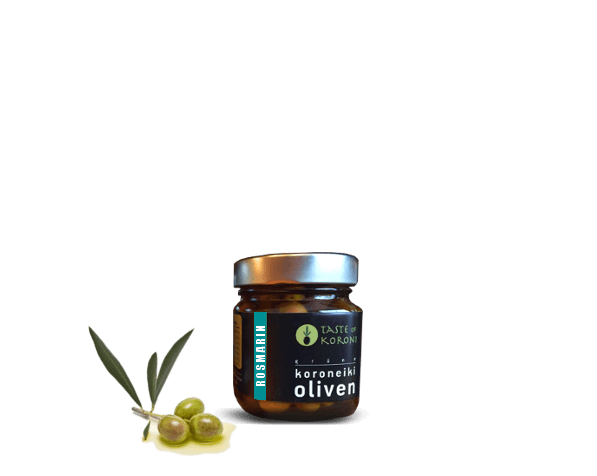 Koroneiki Oliven mariniert mit Rosmarin in Olivenöl
