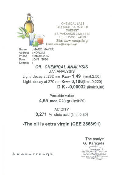 Taste of Koroni griechisches Olivenöl chemische Analyse 2020/2021
