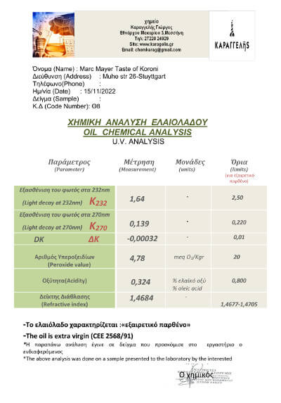 Taste of Koroni griechisches Olivenöl chemische Analyse 2022/2023